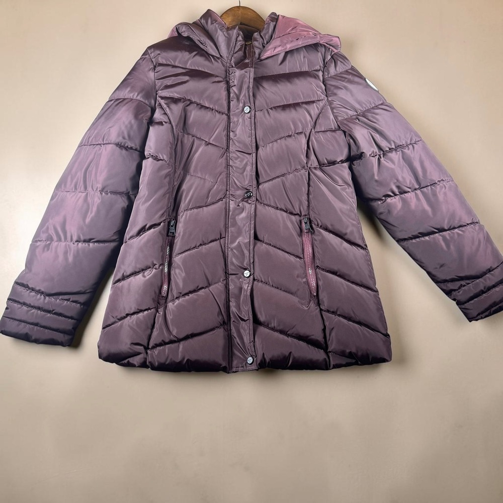 Madden Girl Womens Puffer Jacket Purple Hooded Quilted Coat Large